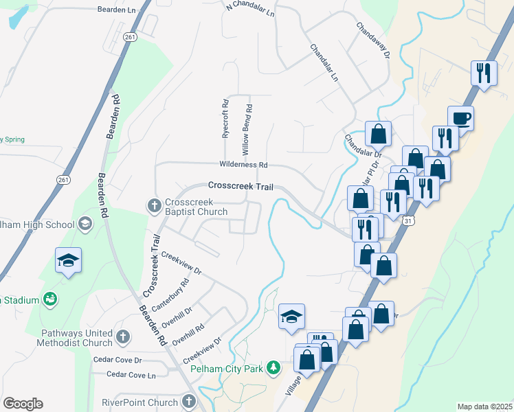 map of restaurants, bars, coffee shops, grocery stores, and more near 700 Cahaba Manor Drive in Pelham