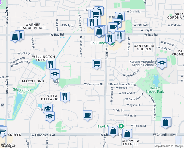 map of restaurants, bars, coffee shops, grocery stores, and more near 5140 West Laredo Court in Chandler