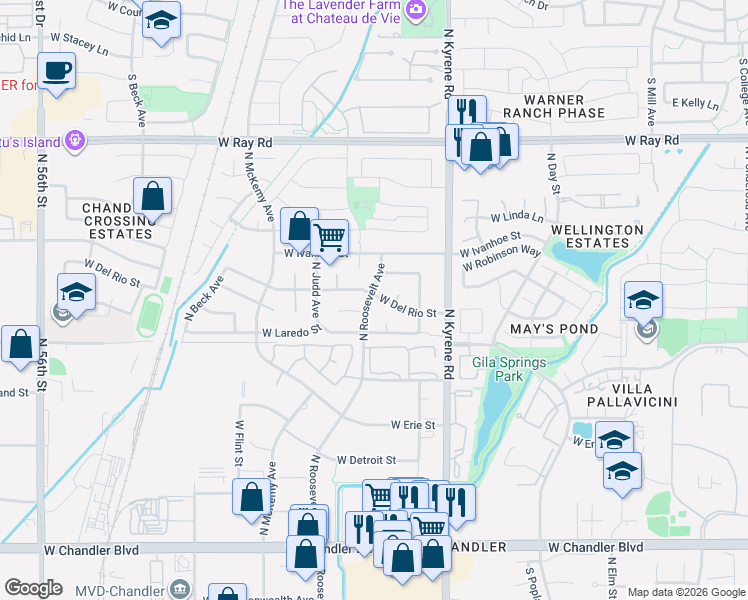 map of restaurants, bars, coffee shops, grocery stores, and more near 6207 West Monterey Street in Chandler