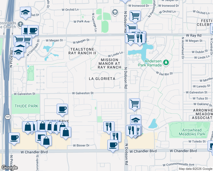 map of restaurants, bars, coffee shops, grocery stores, and more near 700 North Dobson Road in Chandler