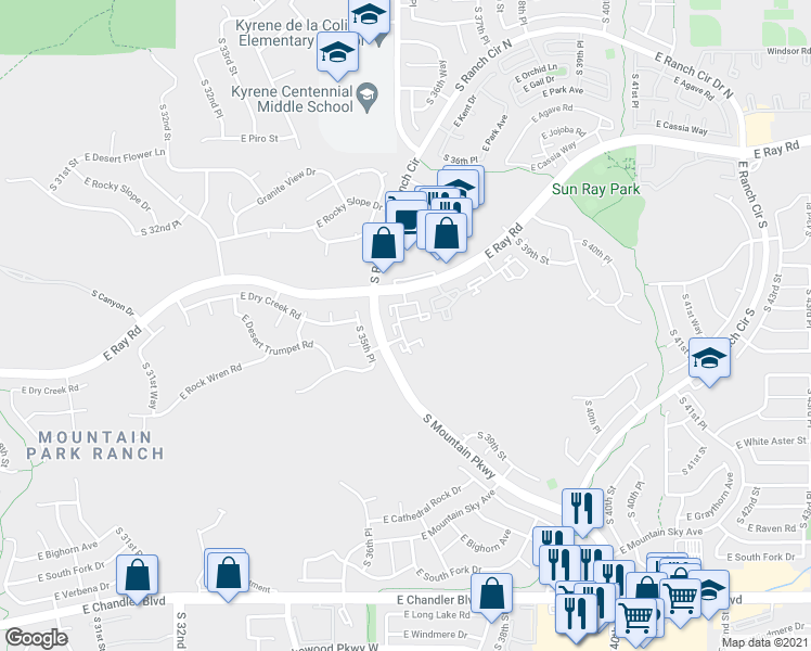 map of restaurants, bars, coffee shops, grocery stores, and more near 14625 South Mountain Parkway in Phoenix