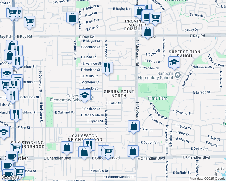 map of restaurants, bars, coffee shops, grocery stores, and more near 829 East Laredo Street in Chandler