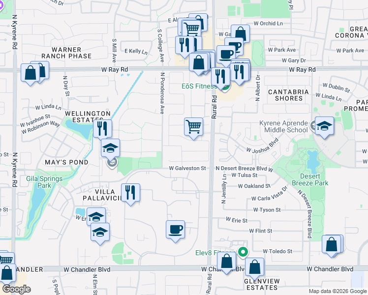 map of restaurants, bars, coffee shops, grocery stores, and more near 5140 West Laredo Court in Chandler