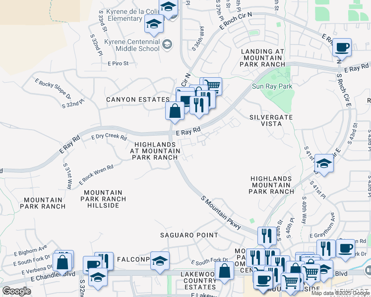 map of restaurants, bars, coffee shops, grocery stores, and more near 14625 South Mountain Parkway in Phoenix