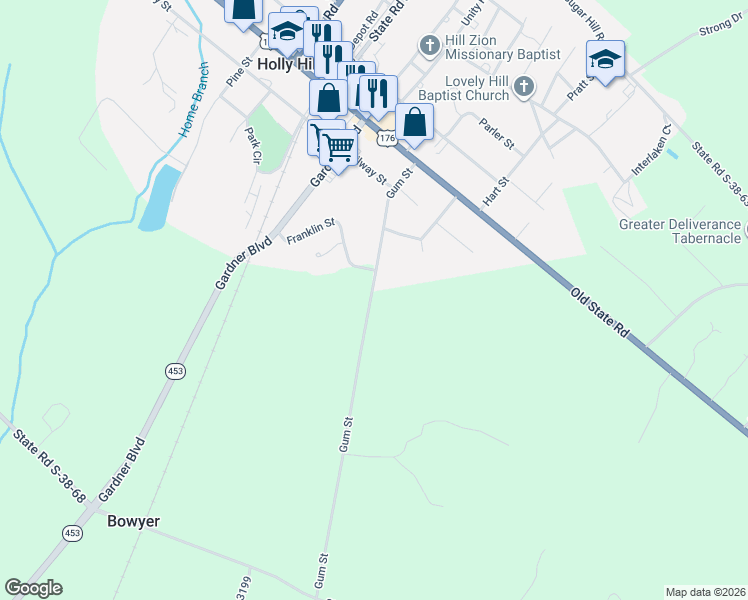 map of restaurants, bars, coffee shops, grocery stores, and more near 420-598 Gum Street in Holly Hill