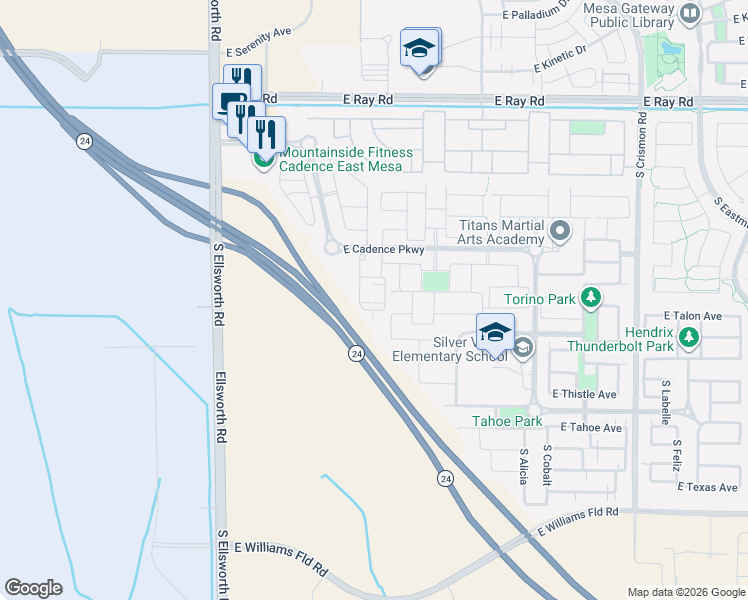 map of restaurants, bars, coffee shops, grocery stores, and more near 9515 East Talon Avenue in Mesa