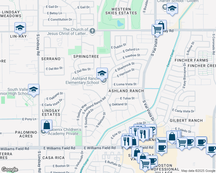 map of restaurants, bars, coffee shops, grocery stores, and more near 1945 South Ashland Ranch Road in Gilbert