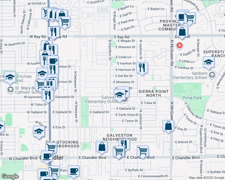 map of restaurants, bars, coffee shops, grocery stores, and more near 601 East Monterey Street in Chandler
