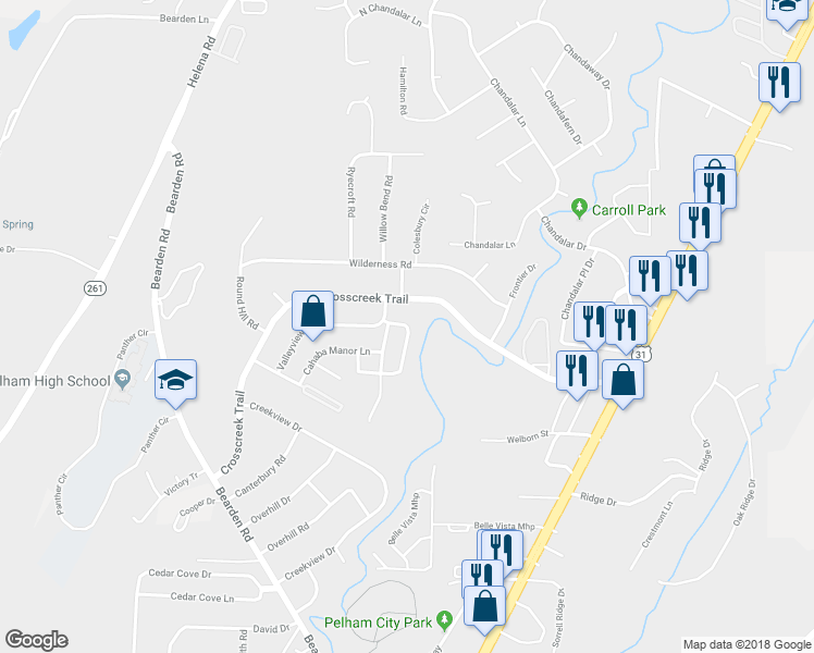 map of restaurants, bars, coffee shops, grocery stores, and more near 763 Cahaba Manor Trail in Pelham