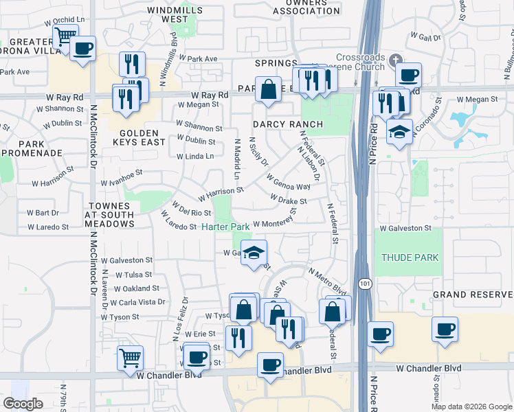 map of restaurants, bars, coffee shops, grocery stores, and more near 3401 West Harrison Street in Chandler