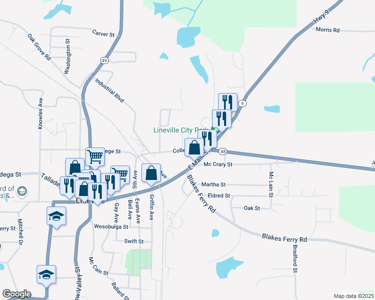 map of restaurants, bars, coffee shops, grocery stores, and more near 491 College Street in Lineville