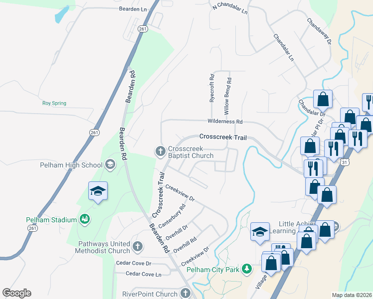 map of restaurants, bars, coffee shops, grocery stores, and more near 625 Crosscreek Trail in Pelham