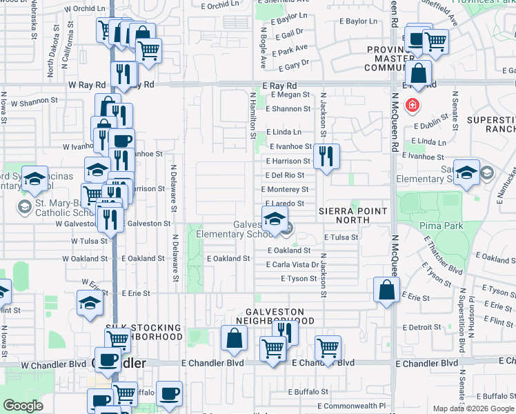 map of restaurants, bars, coffee shops, grocery stores, and more near 601 East Monterey Street in Chandler
