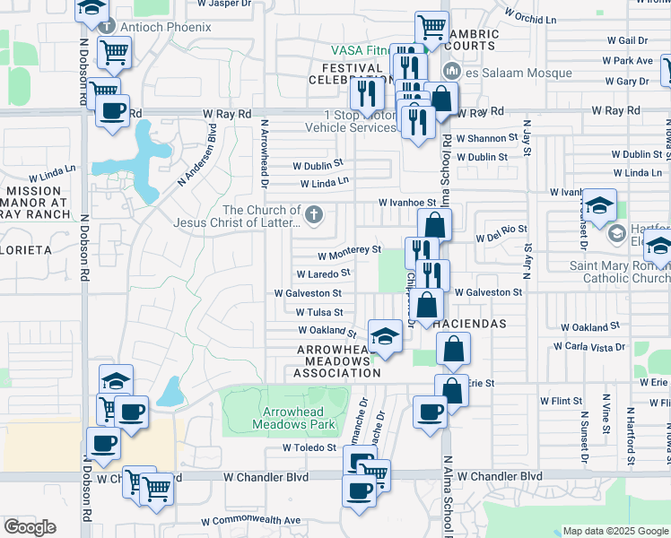 map of restaurants, bars, coffee shops, grocery stores, and more near 1216 West Monterey Street in Chandler