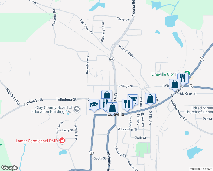 map of restaurants, bars, coffee shops, grocery stores, and more near 183 W College Street in Lineville