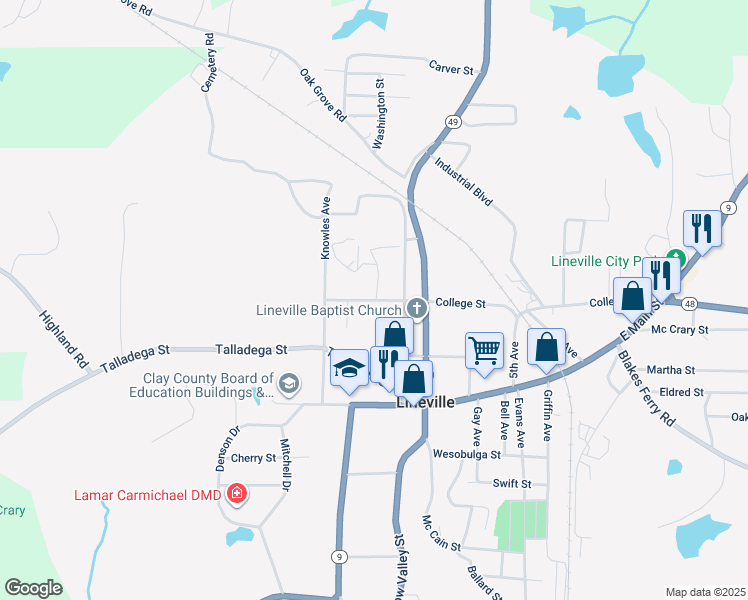 map of restaurants, bars, coffee shops, grocery stores, and more near 183 College Street in Lineville