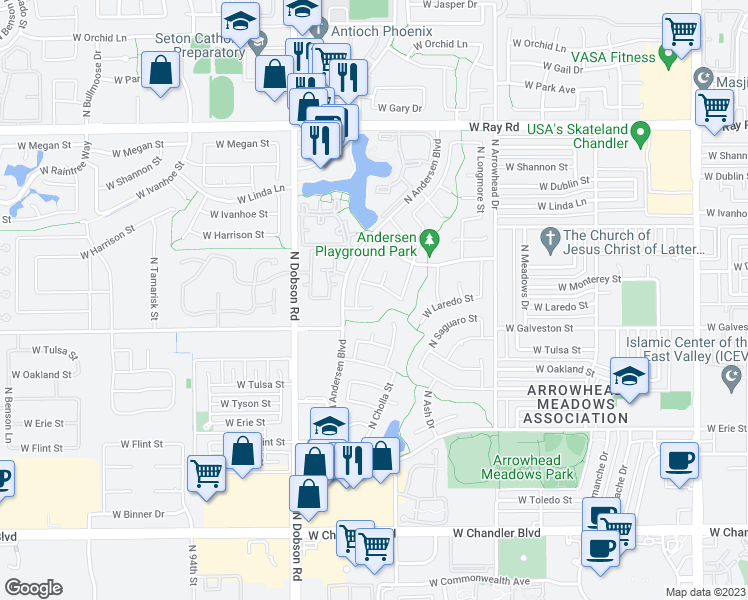map of restaurants, bars, coffee shops, grocery stores, and more near 704 North Apollo Court in Chandler