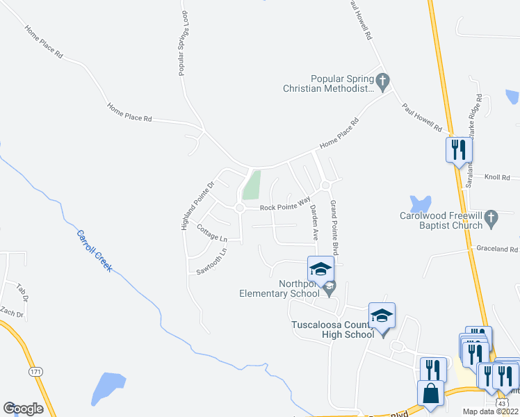 map of restaurants, bars, coffee shops, grocery stores, and more near 12579 Rock Pointe Way in Northport