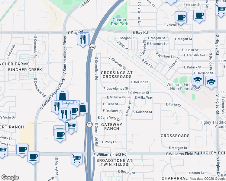 map of restaurants, bars, coffee shops, grocery stores, and more near 2473 East Del Rio Court in Gilbert