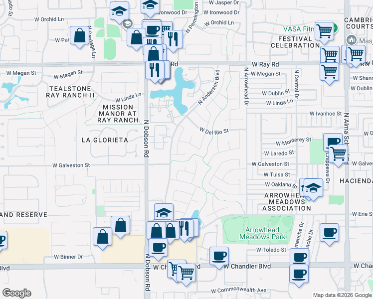 map of restaurants, bars, coffee shops, grocery stores, and more near 704 North Apollo Court in Chandler