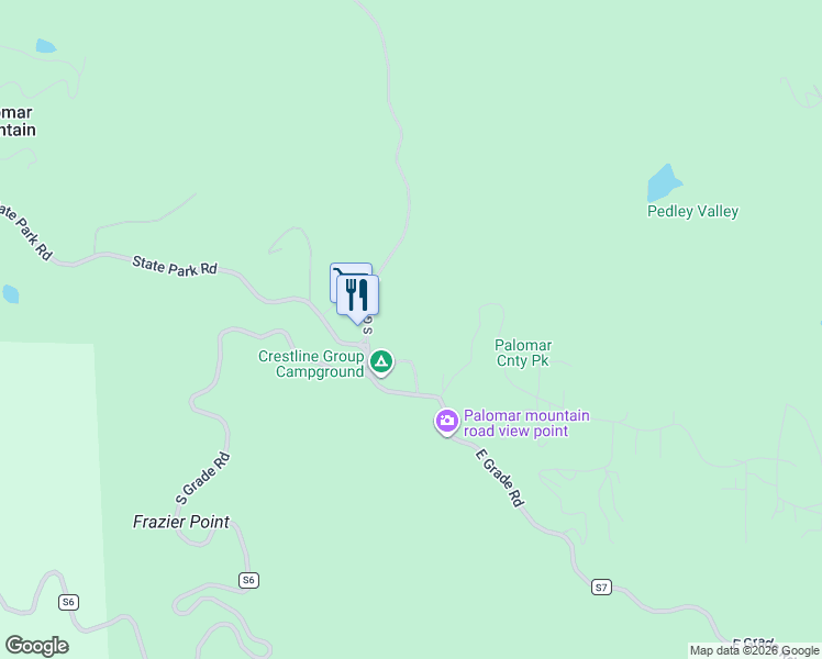 map of restaurants, bars, coffee shops, grocery stores, and more near 33125 Canfield Road in Palomar Mountain