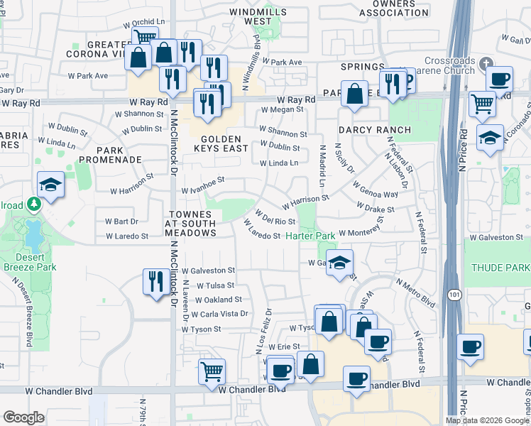 map of restaurants, bars, coffee shops, grocery stores, and more near 3637 West Harrison Street in Chandler
