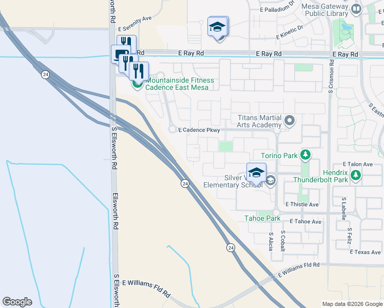 map of restaurants, bars, coffee shops, grocery stores, and more near 5536 South Keene in Mesa