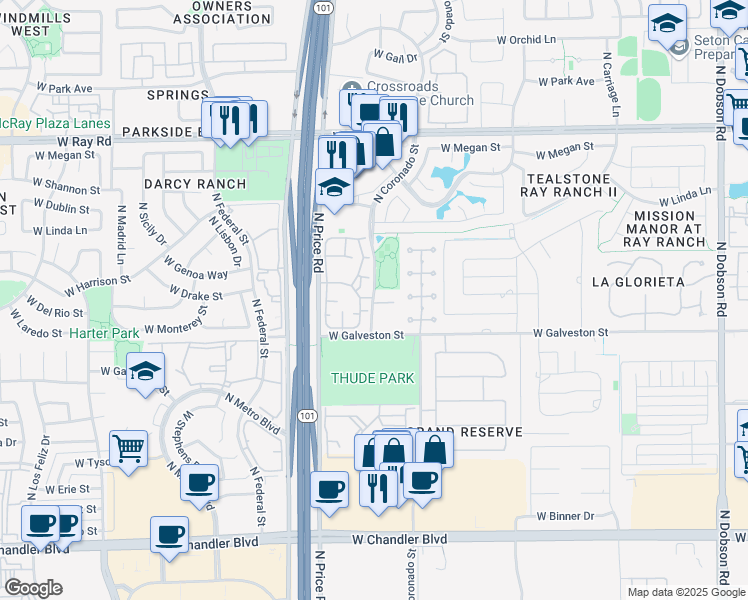 map of restaurants, bars, coffee shops, grocery stores, and more near 777 North Coronado Street in Chandler
