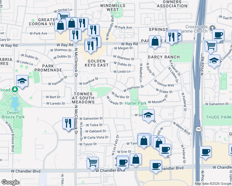 map of restaurants, bars, coffee shops, grocery stores, and more near 3637 West Harrison Street in Chandler