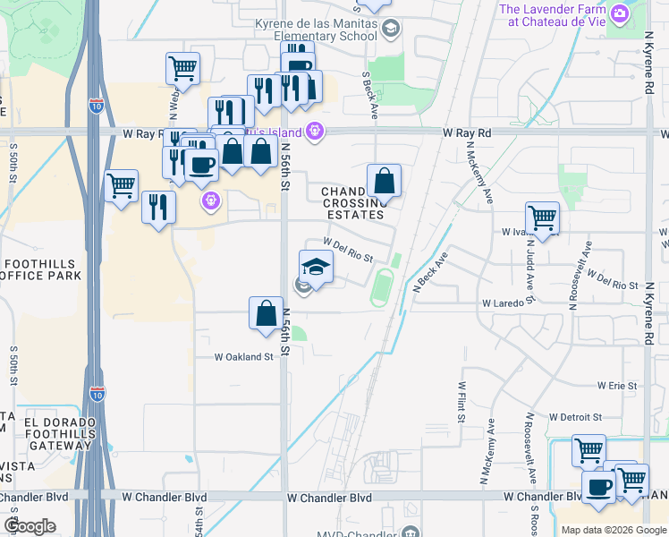 map of restaurants, bars, coffee shops, grocery stores, and more near 6791 West Del Rio Street in Chandler