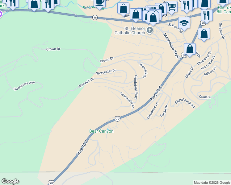map of restaurants, bars, coffee shops, grocery stores, and more near 110 Hampshire Road in Ruidoso