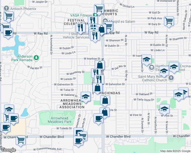map of restaurants, bars, coffee shops, grocery stores, and more near 651 North Chippewa Street in Chandler