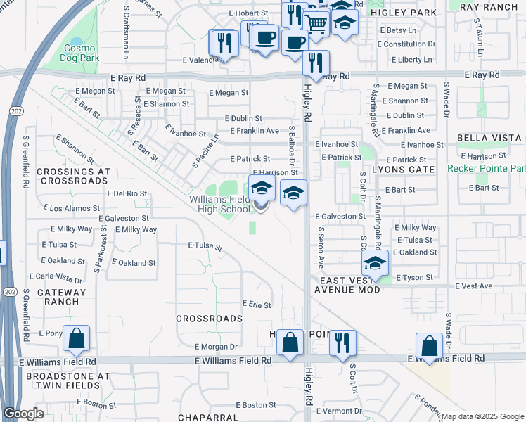 map of restaurants, bars, coffee shops, grocery stores, and more near 2076 South Higley Road in Gilbert