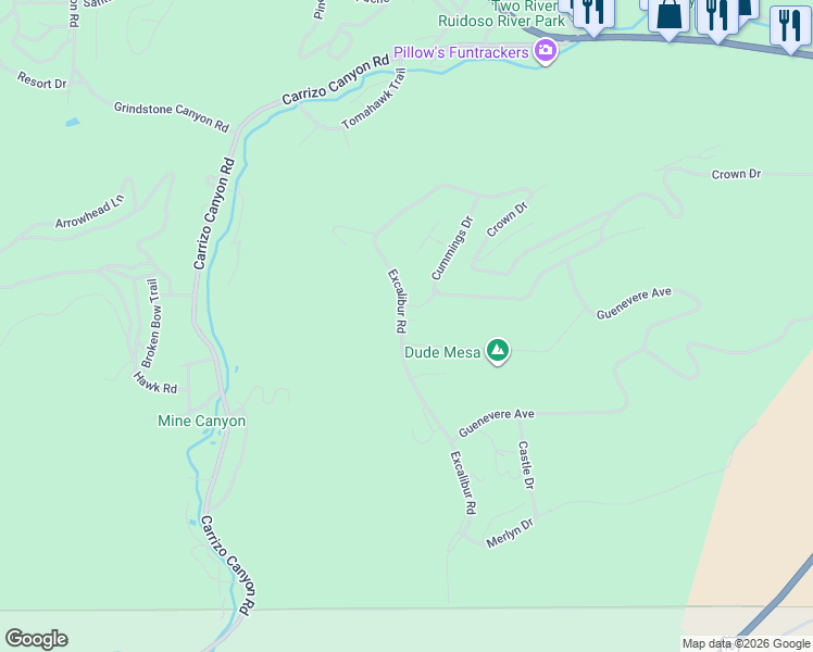 map of restaurants, bars, coffee shops, grocery stores, and more near 226 Excalibur Road in Ruidoso