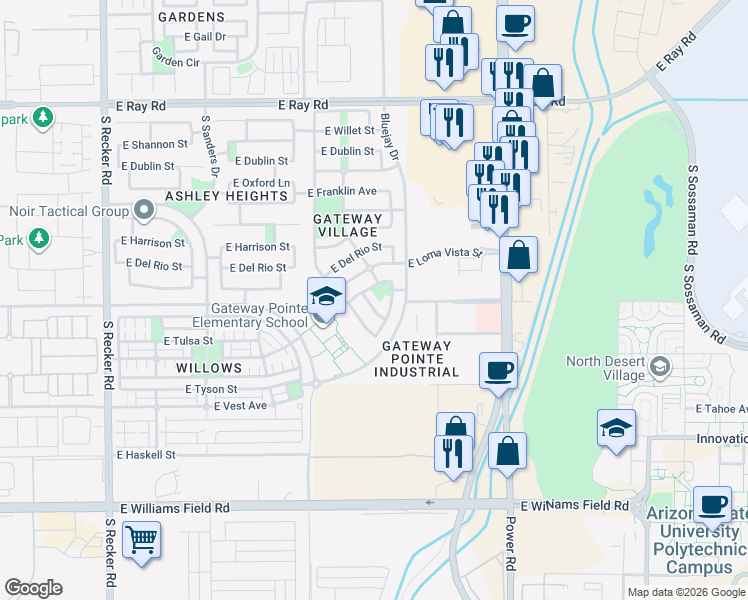 map of restaurants, bars, coffee shops, grocery stores, and more near 4528 East Los Alamos Street in Gilbert