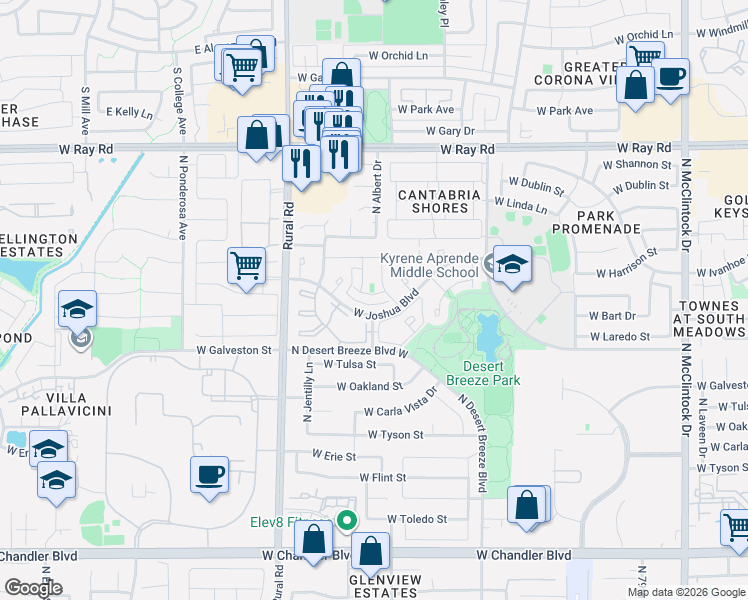 map of restaurants, bars, coffee shops, grocery stores, and more near 637 North Terrace Road in Chandler