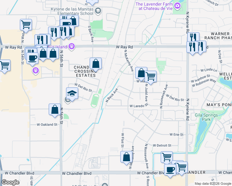 map of restaurants, bars, coffee shops, grocery stores, and more near 656 North Beck Avenue in Chandler