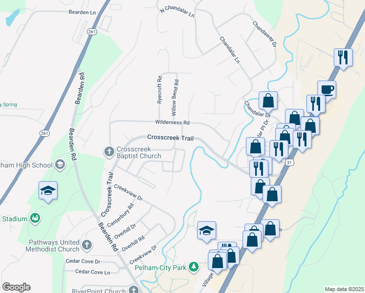 map of restaurants, bars, coffee shops, grocery stores, and more near 752 Crosscreek Trail in Pelham