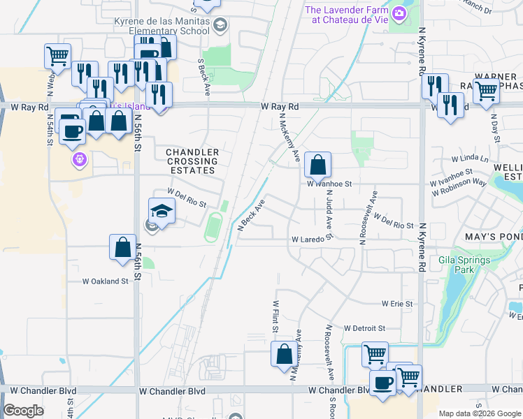 map of restaurants, bars, coffee shops, grocery stores, and more near 656 North Beck Avenue in Chandler