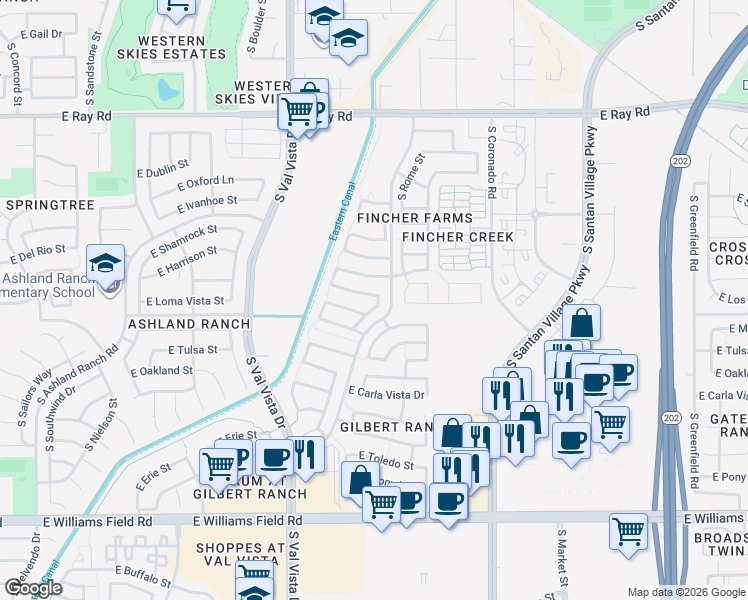 map of restaurants, bars, coffee shops, grocery stores, and more near 1780 East Los Alamos Street in Gilbert