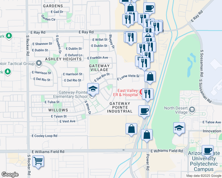 map of restaurants, bars, coffee shops, grocery stores, and more near 1990 South Starling Drive in Gilbert