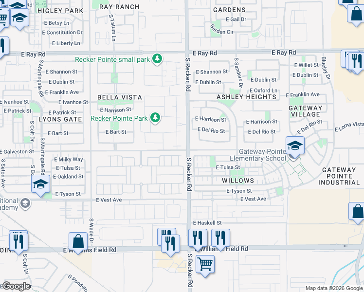 map of restaurants, bars, coffee shops, grocery stores, and more near 1958 South Follett Way in Gilbert