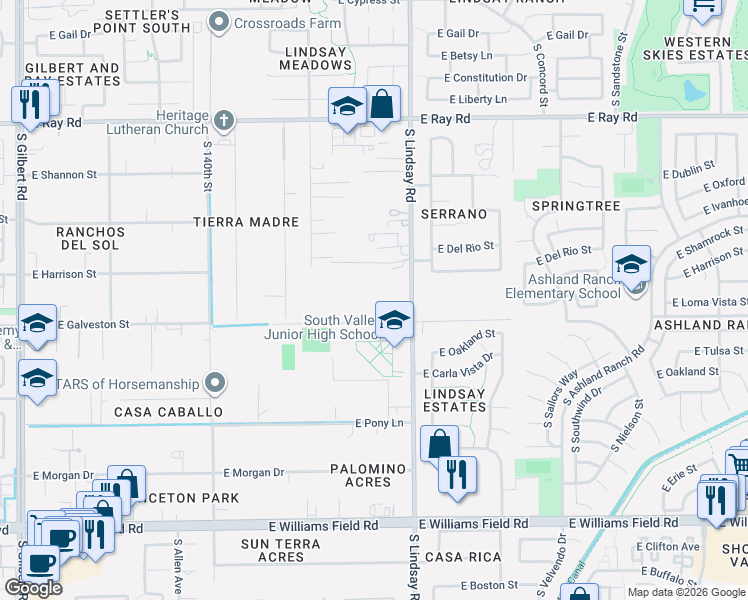 map of restaurants, bars, coffee shops, grocery stores, and more near 1960 South Lindsay Road in Gilbert