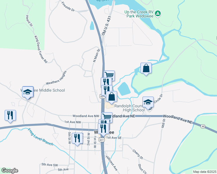 map of restaurants, bars, coffee shops, grocery stores, and more near 146 Village Lane in Wedowee