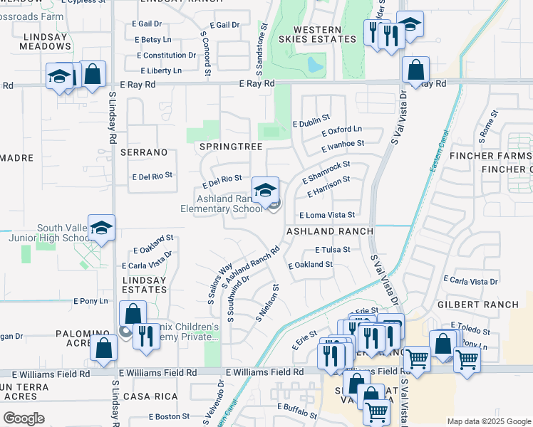 map of restaurants, bars, coffee shops, grocery stores, and more near 1945 South Ashland Ranch Road in Gilbert