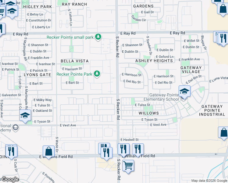 map of restaurants, bars, coffee shops, grocery stores, and more near 1958 South Follett Way in Gilbert