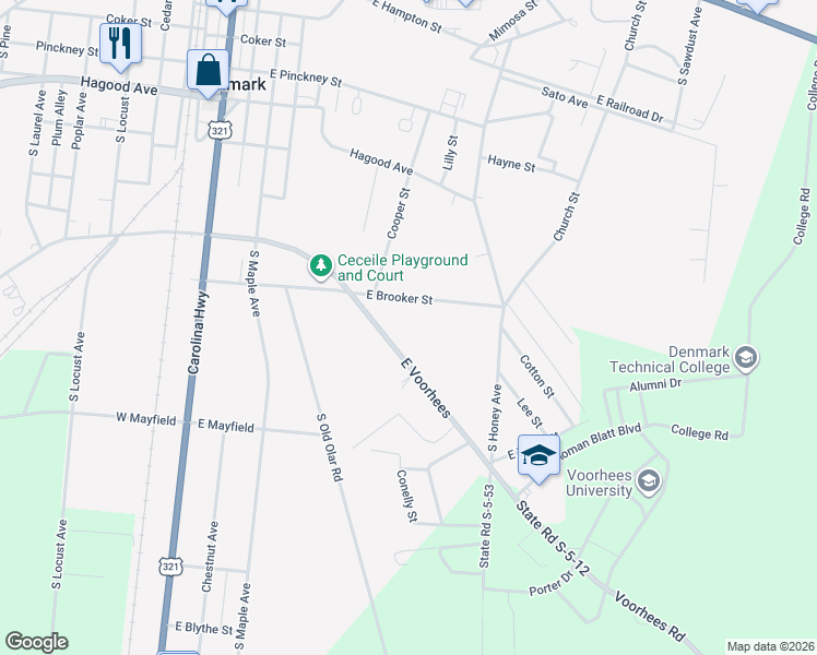 map of restaurants, bars, coffee shops, grocery stores, and more near 141 East Brooker Street in Denmark