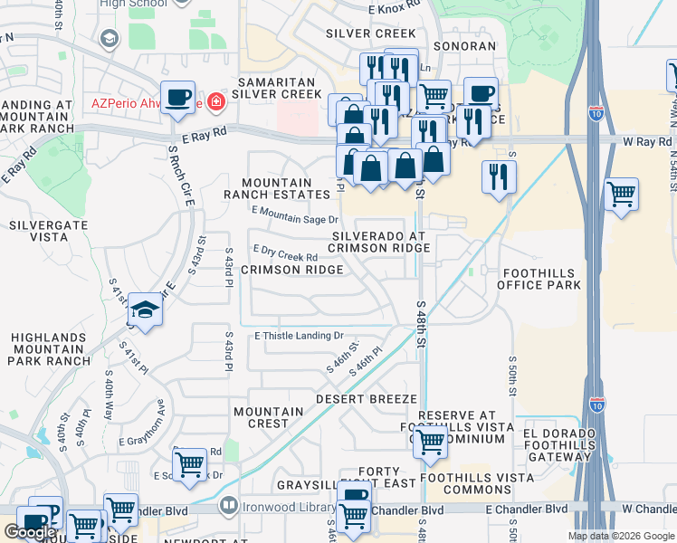 map of restaurants, bars, coffee shops, grocery stores, and more near 4544 East Badger Way in Phoenix