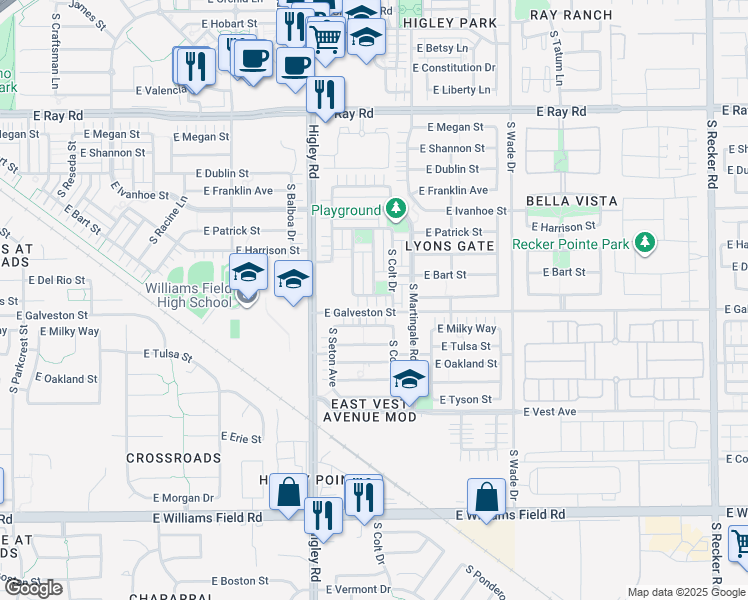 map of restaurants, bars, coffee shops, grocery stores, and more near 1958 South Sunnyvale Avenue in Gilbert