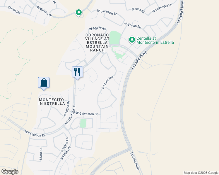 map of restaurants, bars, coffee shops, grocery stores, and more near 17884 West Desert Wind Drive in Goodyear